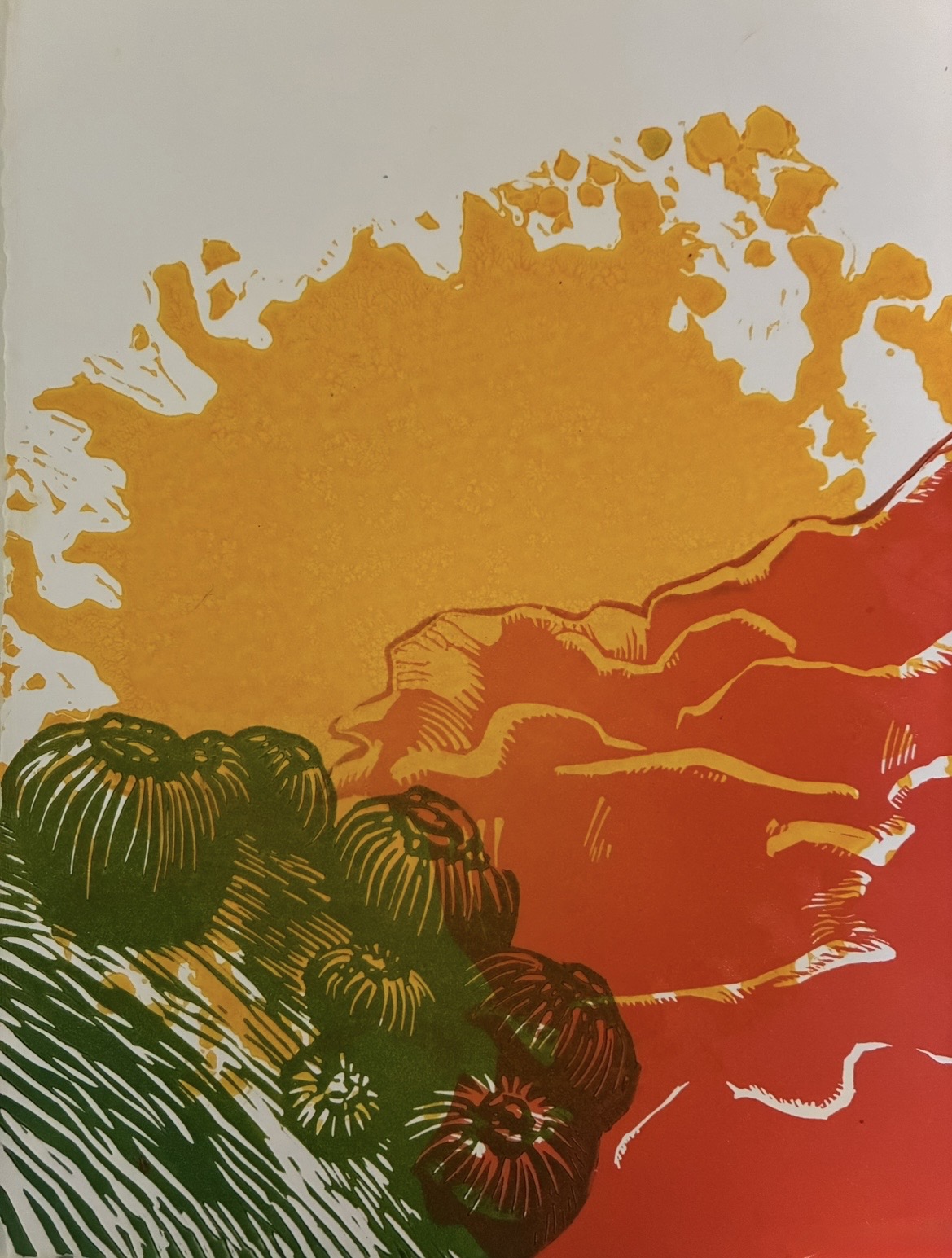 Grabado en relieve · amarillo, rojo, verde